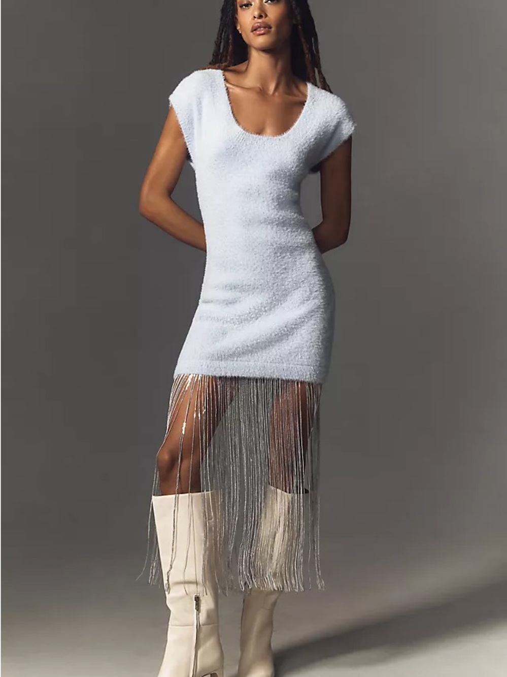 Anthropologie Fringe Trim Sweater Dress Periwinkle Eyelash Sweater Sequin Fringe